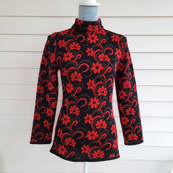 Vintage 60s / 70s Angelli Knitting Mills stretchy floral long sleeve shirt - Picture 1 of 7